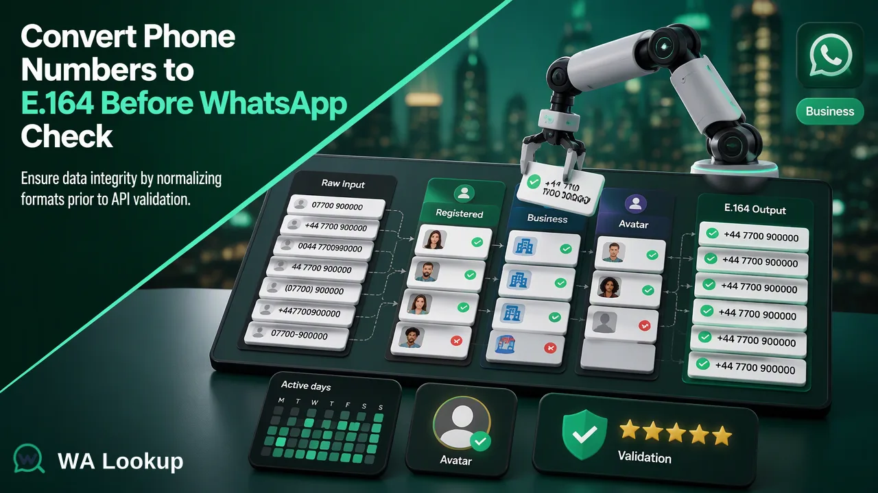 Ilustração do fluxo de trabalho do WA Lookup para Como converter números de telefone para o formato E.164 antes de uma verificação no WhatsApp