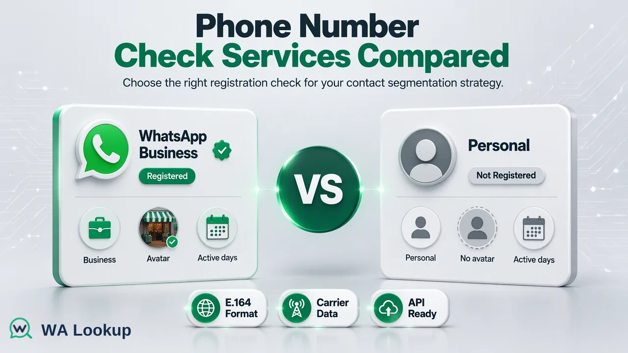 Ilustración del flujo de trabajo de WA Lookup para «Servicios de verificación de números de teléfono: comparación de formato, datos de línea y registro en WhatsApp»