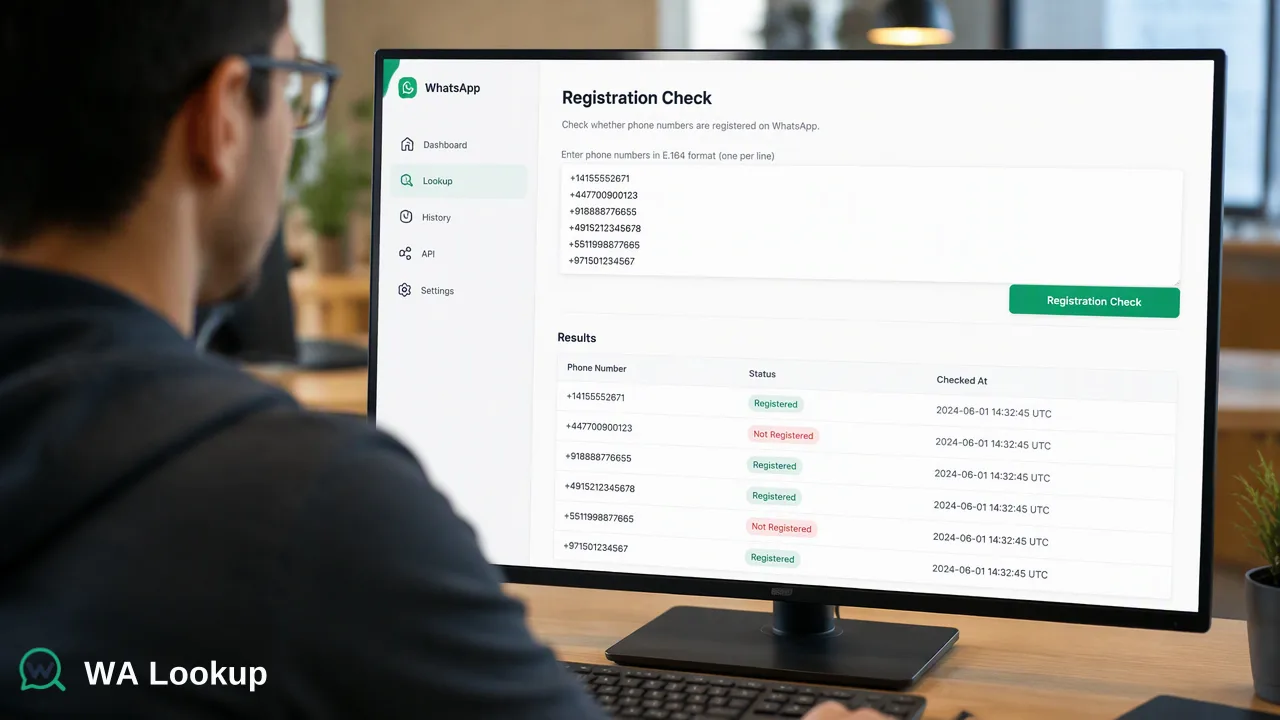 WA Lookup Workflow-Illustration zu „Telefonnummernprüfung für WhatsApp: Was eine Registrierungsprüfung anzeigt“