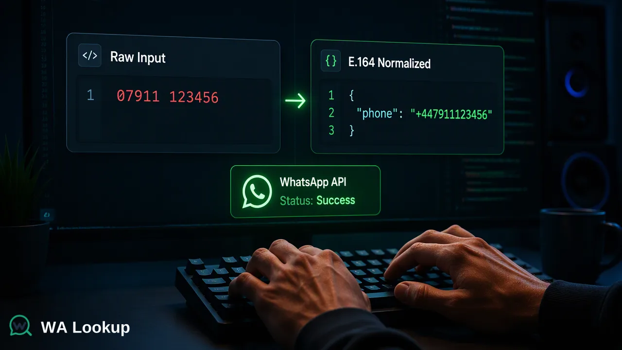 WA Lookup workflow illustration for What Is E.164? The International Phone Number Format Explained