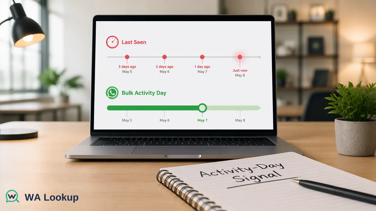 WA Lookup workflow illustration for What Is the WhatsApp Activity-Day Signal?