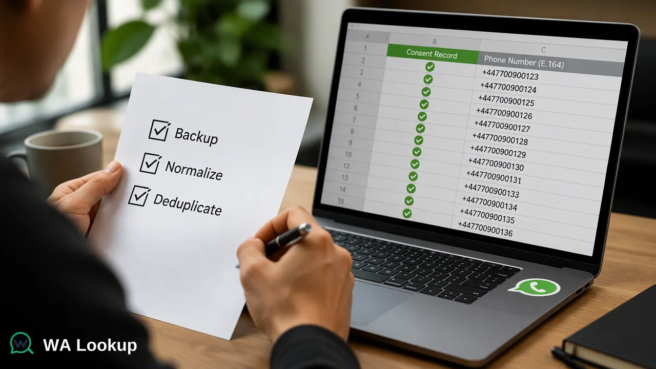 WA Lookup workflow illustration for WhatsApp Contact List Cleaning Checklist: 10 Steps Before Outreach